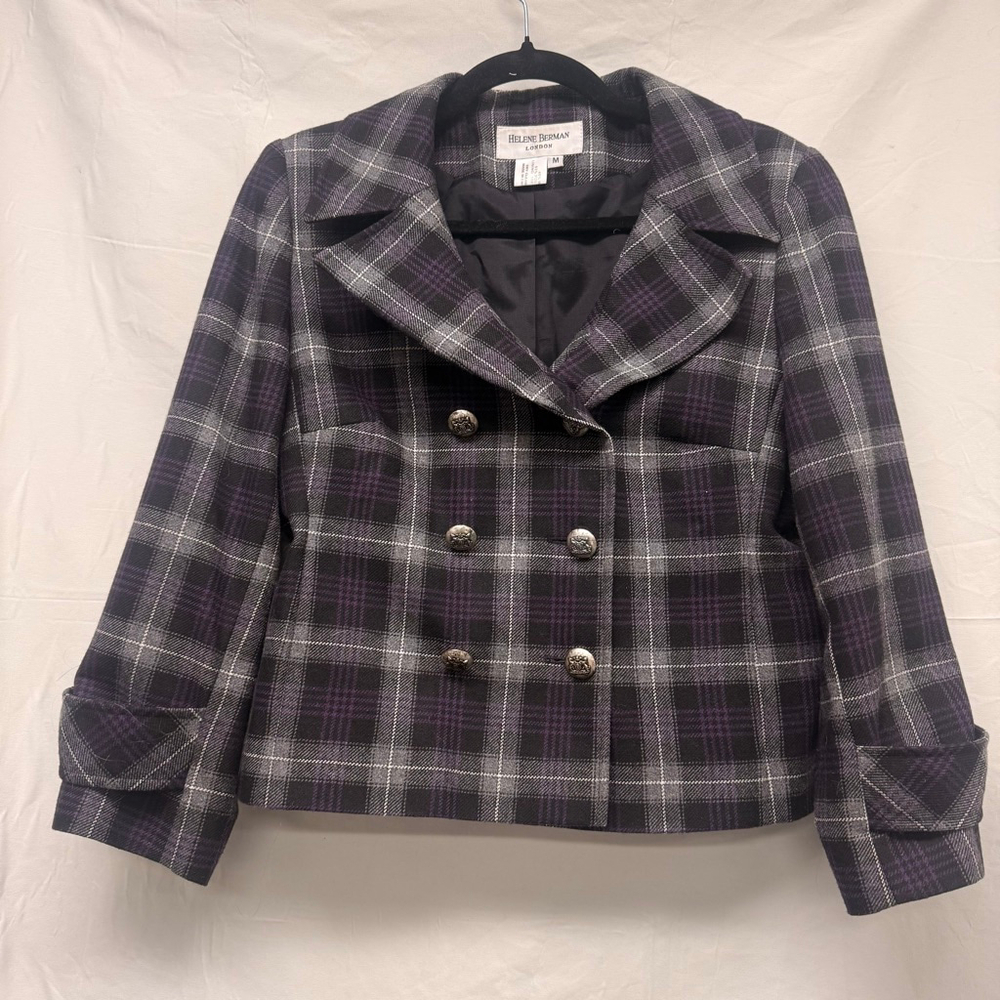 Women's Helene Berman London Plaid Pea Coat M Black Purple